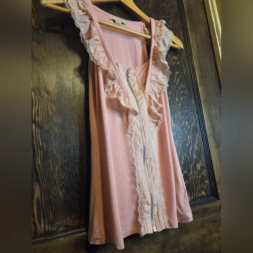*Vntg* Y2k Forever Twenty 21 Pink Ruffled Lace Sleeveless Top Zipper Front Sz S - Picture 3 of 9
